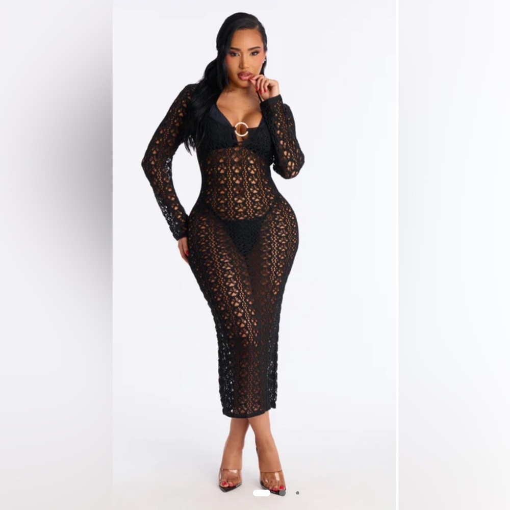 Fashion Nova Black Crochet Long Sleeve Swim Coverup Dress